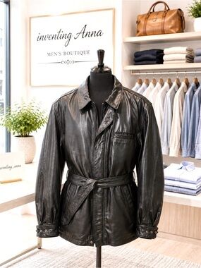 Wilsons Leather Men’s Black Genuine Leather Belted Coat Jacket Size L